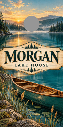 Lakeside Retreat personalized cornhole wrap with gray hole-position guide; sample MORGAN name