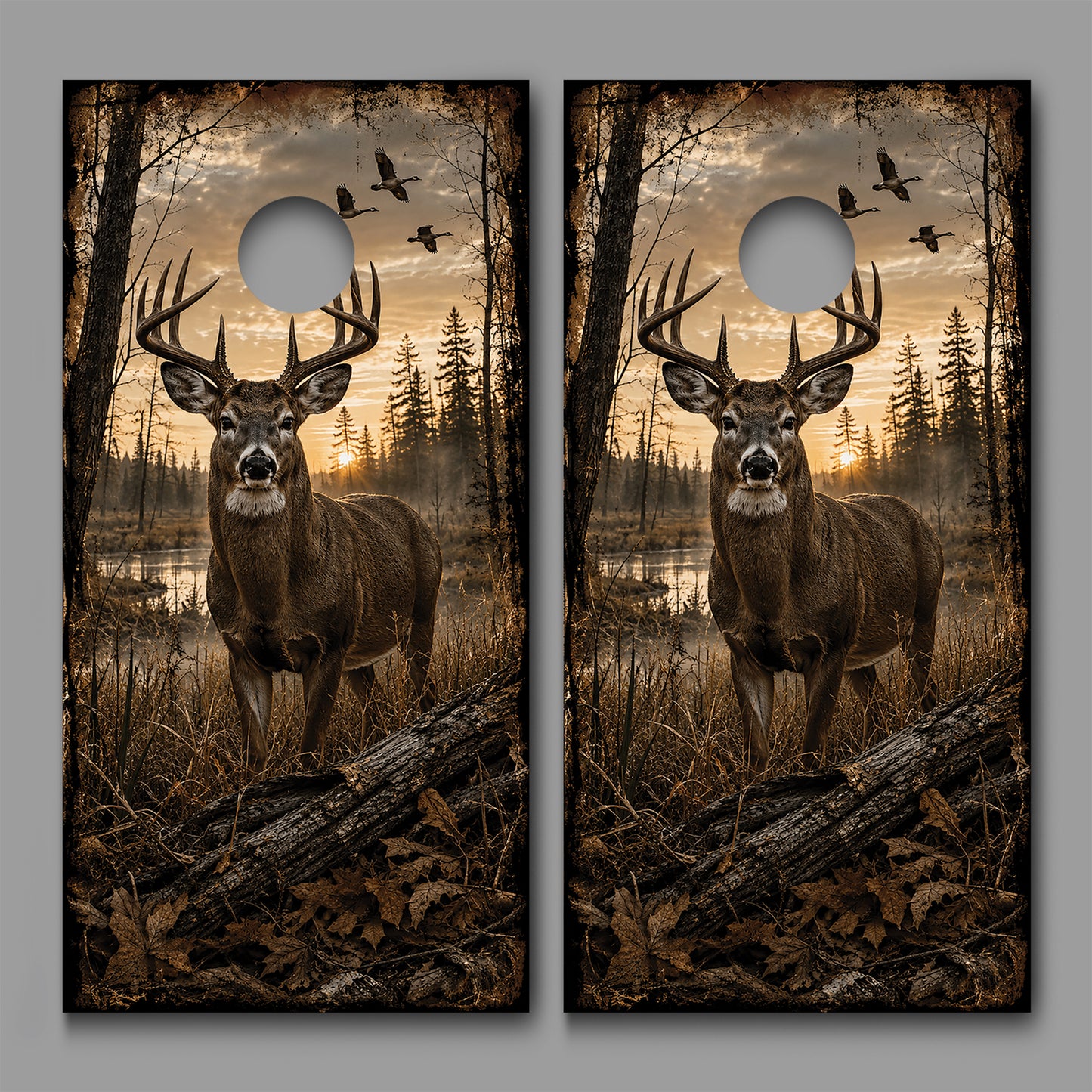 Golden Hour Deer Buck in Wetland Cornhole Board Decal Wrap