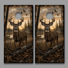 Golden Hour Deer Buck in Wetland Cornhole Board Decal Wrap