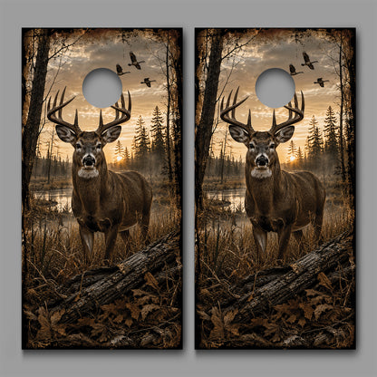 Golden Hour Deer Buck in Wetland Cornhole Board Decal Wrap