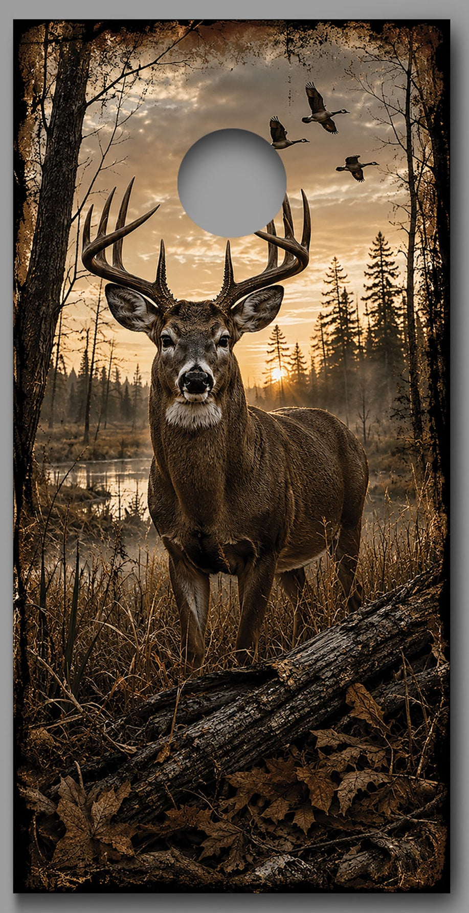 Golden Hour Deer Buck in Wetland Cornhole Board Decal Wrap