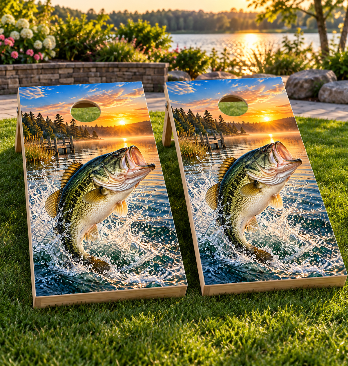 Largemouth Bass Splash cornhole wrap installed board mockup; boards not included