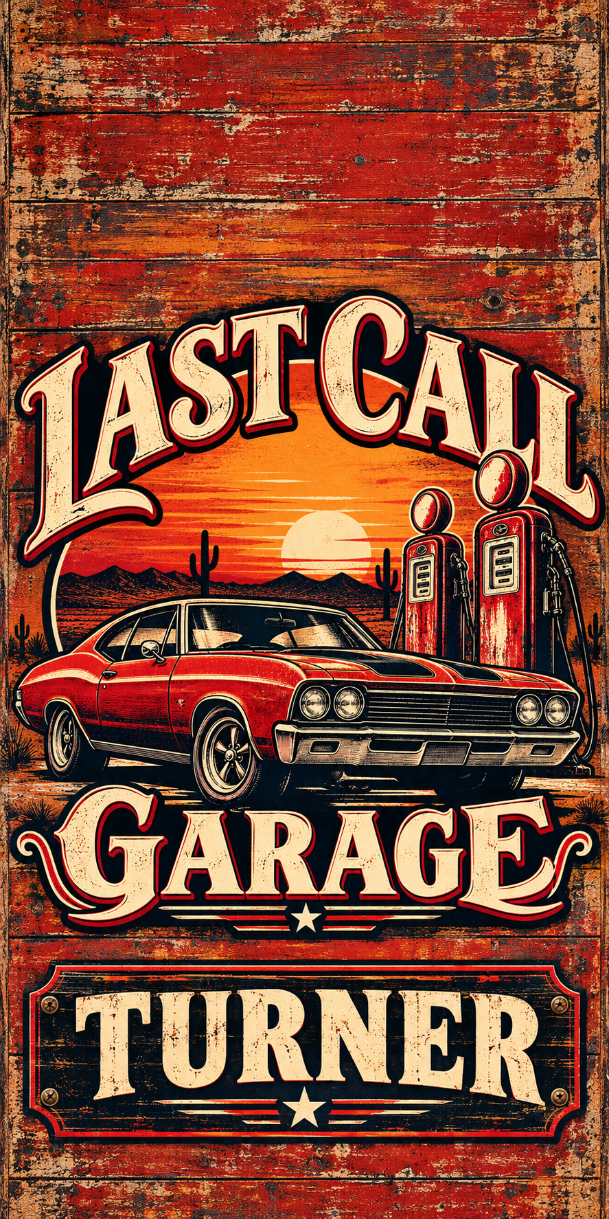 Last Call Garage Personalized Cornhole Board Wraps — flat artwork with no hole; example name TURNER