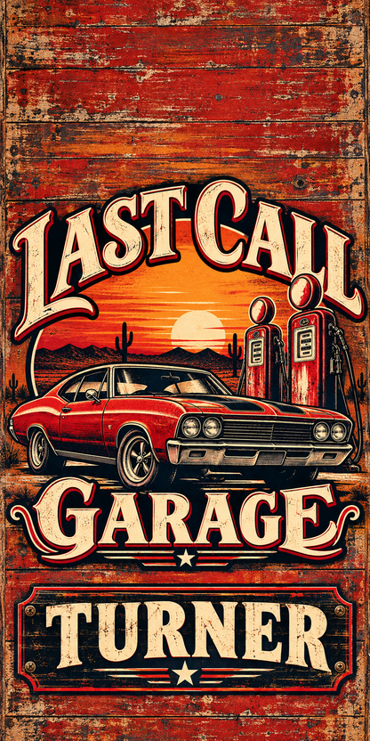 Last Call Garage Personalized Cornhole Board Wraps — flat artwork with no hole; example name TURNER