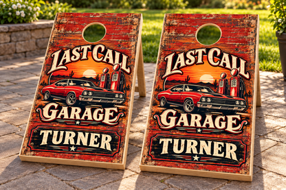 Last Call Garage Personalized Cornhole Board Wraps — matching boards mockup; boards not included