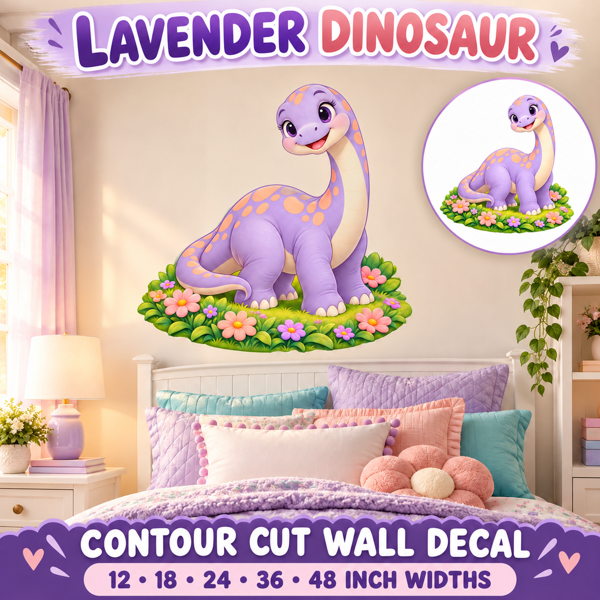 Lavender Dinosaur – Girls Room Wall Decal summary and bedroom mockup – 12 to 48 inch widths