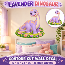 Lavender Dinosaur – Girls Room Wall Decal summary and bedroom mockup – 12 to 48 inch widths