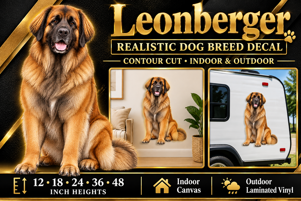 Leonberger decal summary — 12 to 48 inch heights, indoor and outdoor