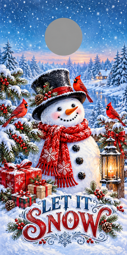 Let It Snow Winter Snowman Cornhole Board Wraps gray hole placement preview