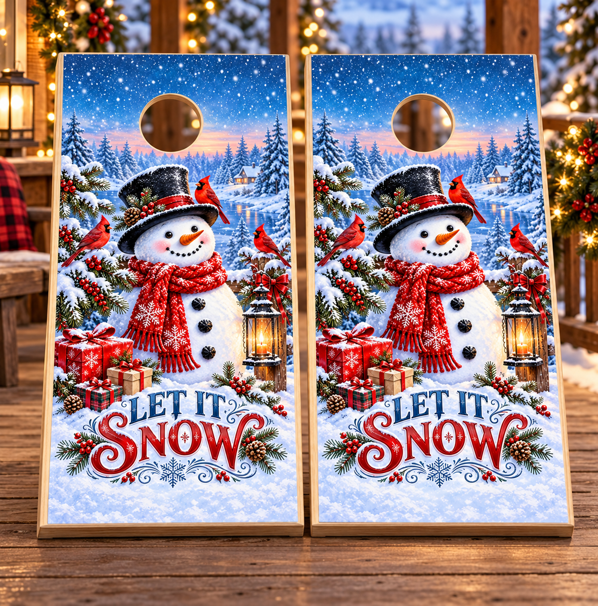 Let It Snow Winter Snowman Cornhole Board Wraps board pair mockup