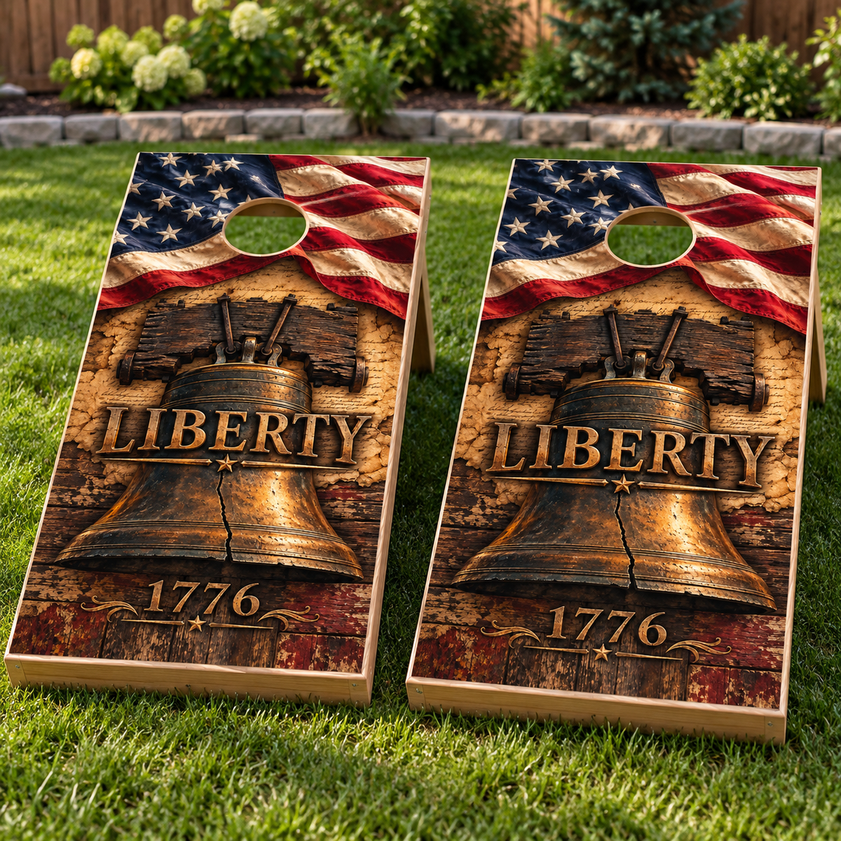 Liberty Bell Independence Cornhole Board Wraps installed on two boards; boards not included