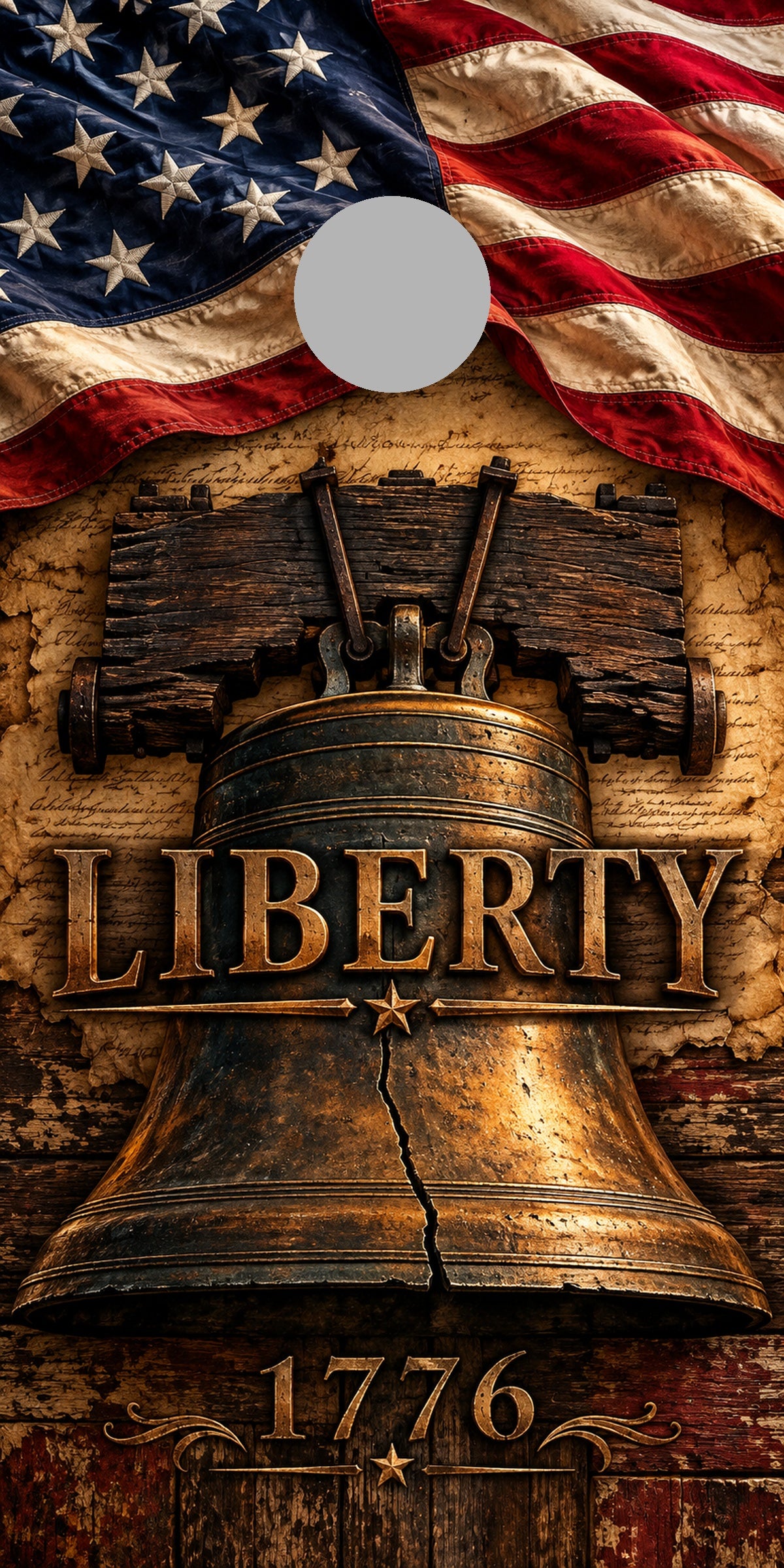 Liberty Bell Independence Cornhole Board Wraps proof with regulation gray hole-position marker