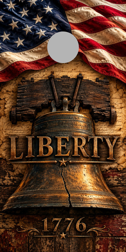 Liberty Bell Independence Cornhole Board Wraps proof with regulation gray hole-position marker