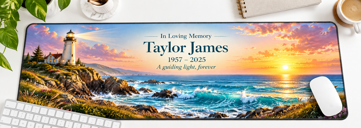 Lighthouse of Lasting Love memorial desk mat — overhead workspace mockup