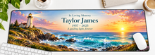 Lighthouse of Lasting Love memorial desk mat — overhead workspace mockup