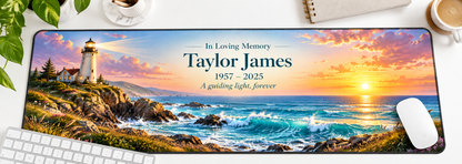 Lighthouse of Lasting Love memorial desk mat — overhead workspace mockup