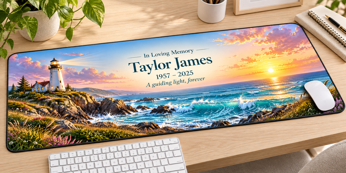 Lighthouse of Lasting Love memorial desk mat — angled workspace mockup