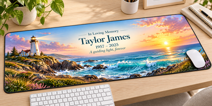 Lighthouse of Lasting Love memorial desk mat — angled workspace mockup