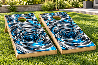 Liquid Chrome Ripple cornhole wrap installed board mockup; boards not included