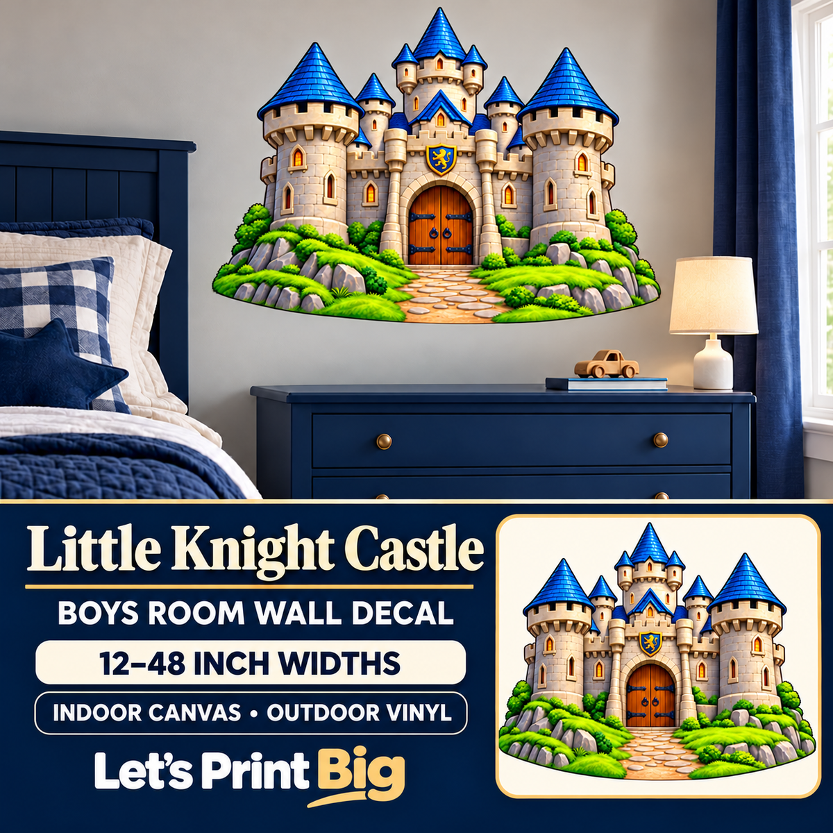 Little Knight Castle – Boys Room Wall Decal summary and bedroom mockup – 12 to 48 inch widths
