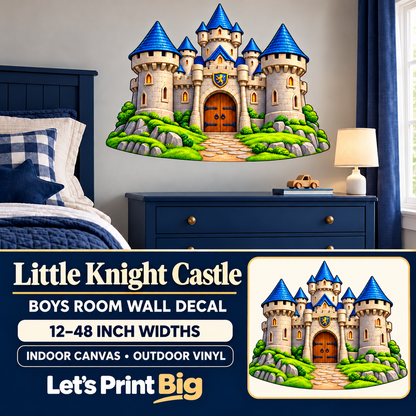 Little Knight Castle – Boys Room Wall Decal summary and bedroom mockup – 12 to 48 inch widths