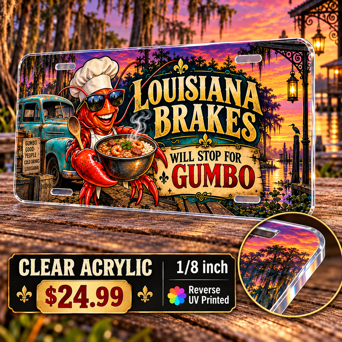 Louisiana Gumbo Brake funny license plate — ⅛-inch reverse UV printed acrylic with opaque artwork
