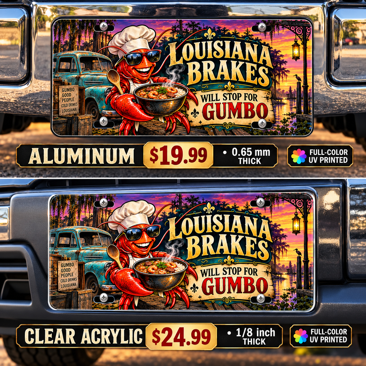 Louisiana Gumbo Brake funny license plate — aluminum and acrylic vehicle mockups
