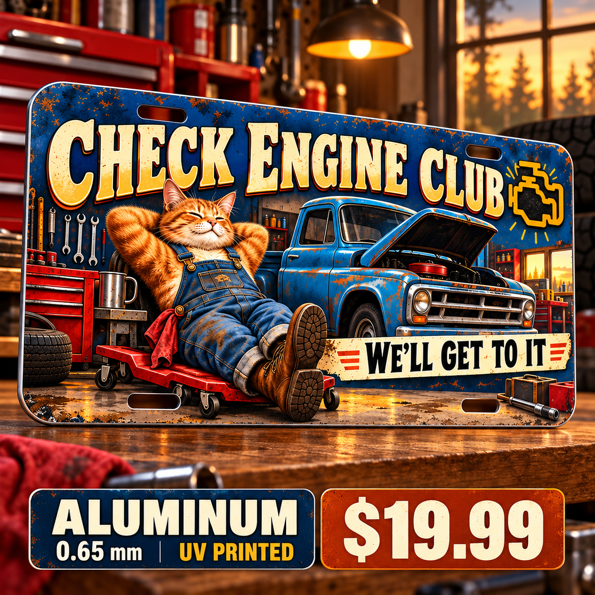 Check Engine Club funny license plate — 0.65 mm full-color UV printed aluminum
