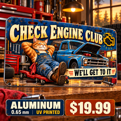 Check Engine Club funny license plate — 0.65 mm full-color UV printed aluminum