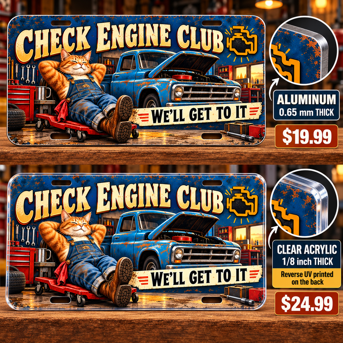 Check Engine Club funny license plate — aluminum and acrylic thickness and reverse print detail