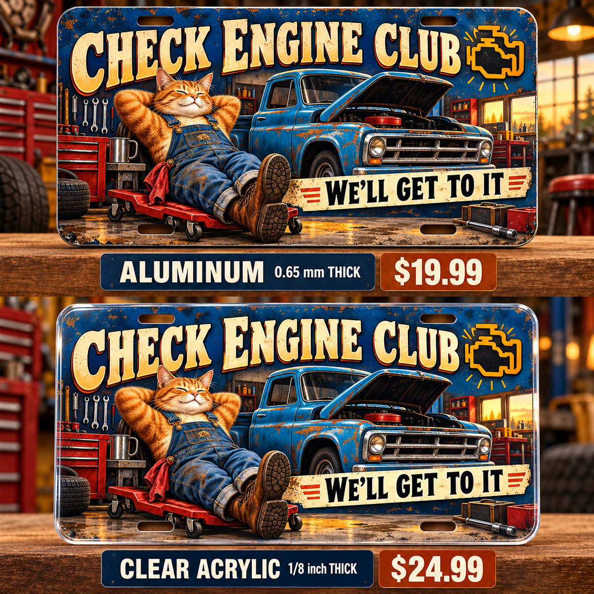 Check Engine Club funny license plate — aluminum and clear acrylic comparison with prices