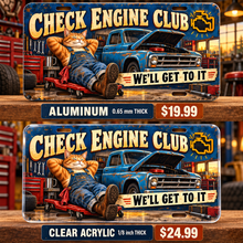 Check Engine Club funny license plate — aluminum and clear acrylic comparison with prices