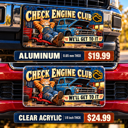 Check Engine Club funny license plate — aluminum and acrylic vehicle mockups