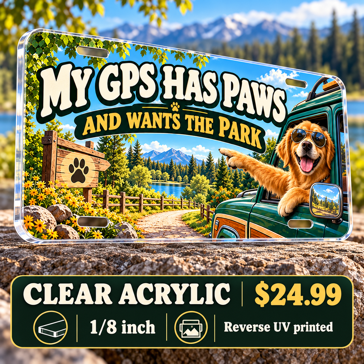 Dog Navigation funny license plate — ⅛-inch reverse UV printed clear acrylic with opaque artwork