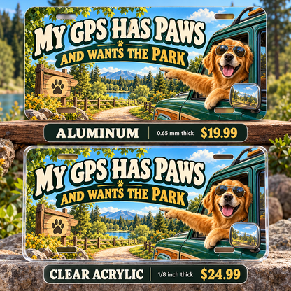 Dog Navigation funny license plate — aluminum and clear acrylic comparison with prices