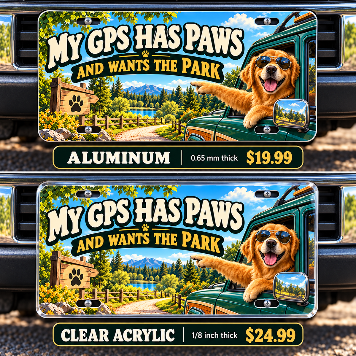Dog Navigation funny license plate — aluminum and acrylic vehicle mockups