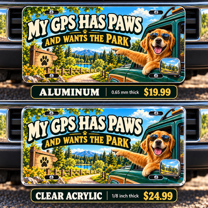 Dog Navigation funny license plate — aluminum and acrylic vehicle mockups