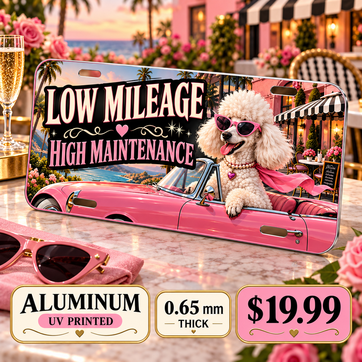 Low Mileage High Maintenance funny license plate — 0.65 mm full-color UV printed aluminum