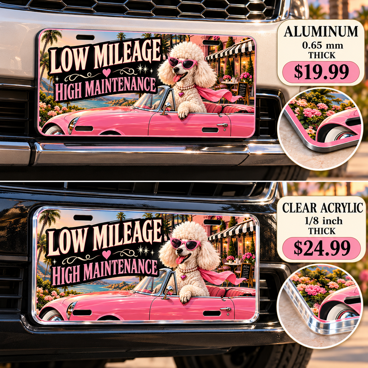 Low Mileage High Maintenance funny license plate — aluminum and acrylic vehicle mockups