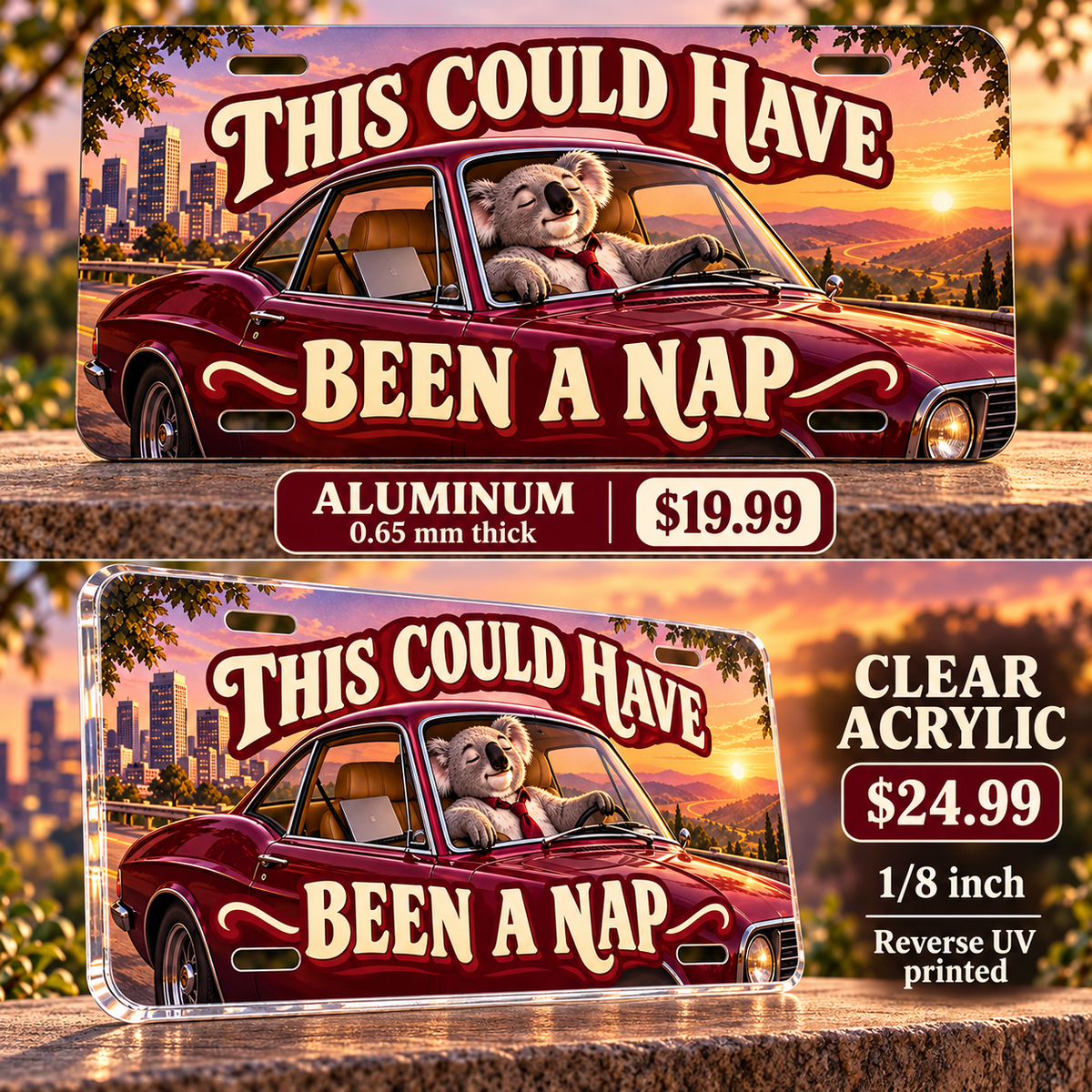 Meeting Escape funny license plate — ⅛-inch reverse UV printed clear acrylic with opaque artwork
