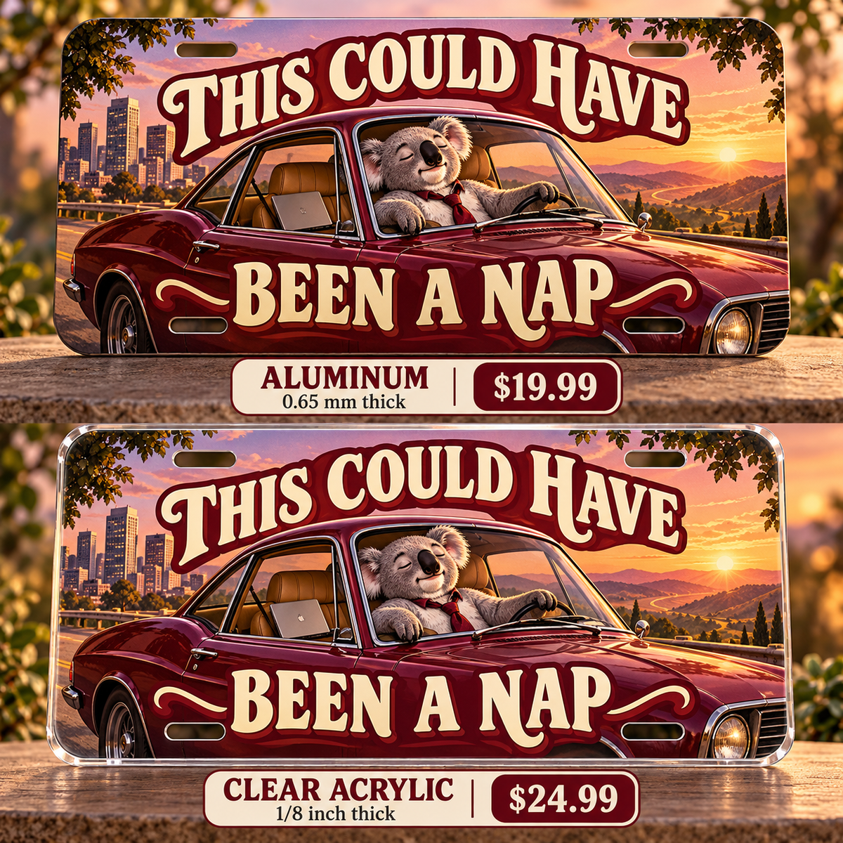 Meeting Escape funny license plate — aluminum and clear acrylic comparison with prices