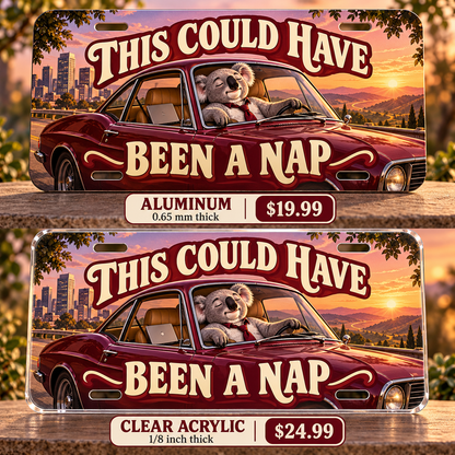 Meeting Escape funny license plate — aluminum and clear acrylic comparison with prices