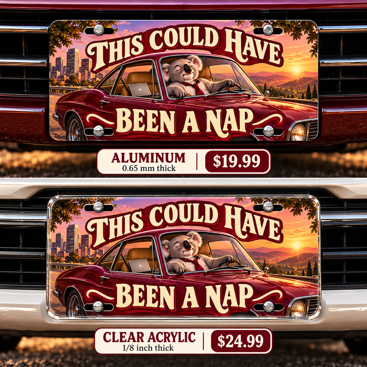 Meeting Escape funny license plate — aluminum and acrylic vehicle mockups