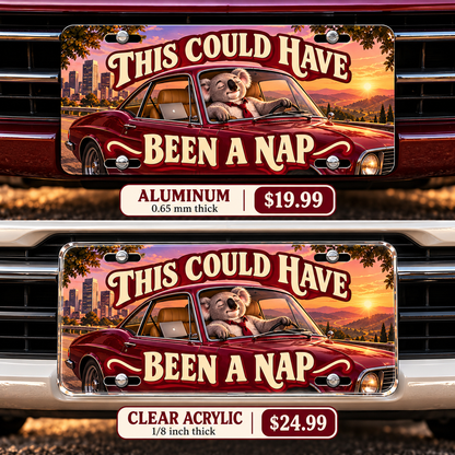 Meeting Escape funny license plate — aluminum and acrylic vehicle mockups