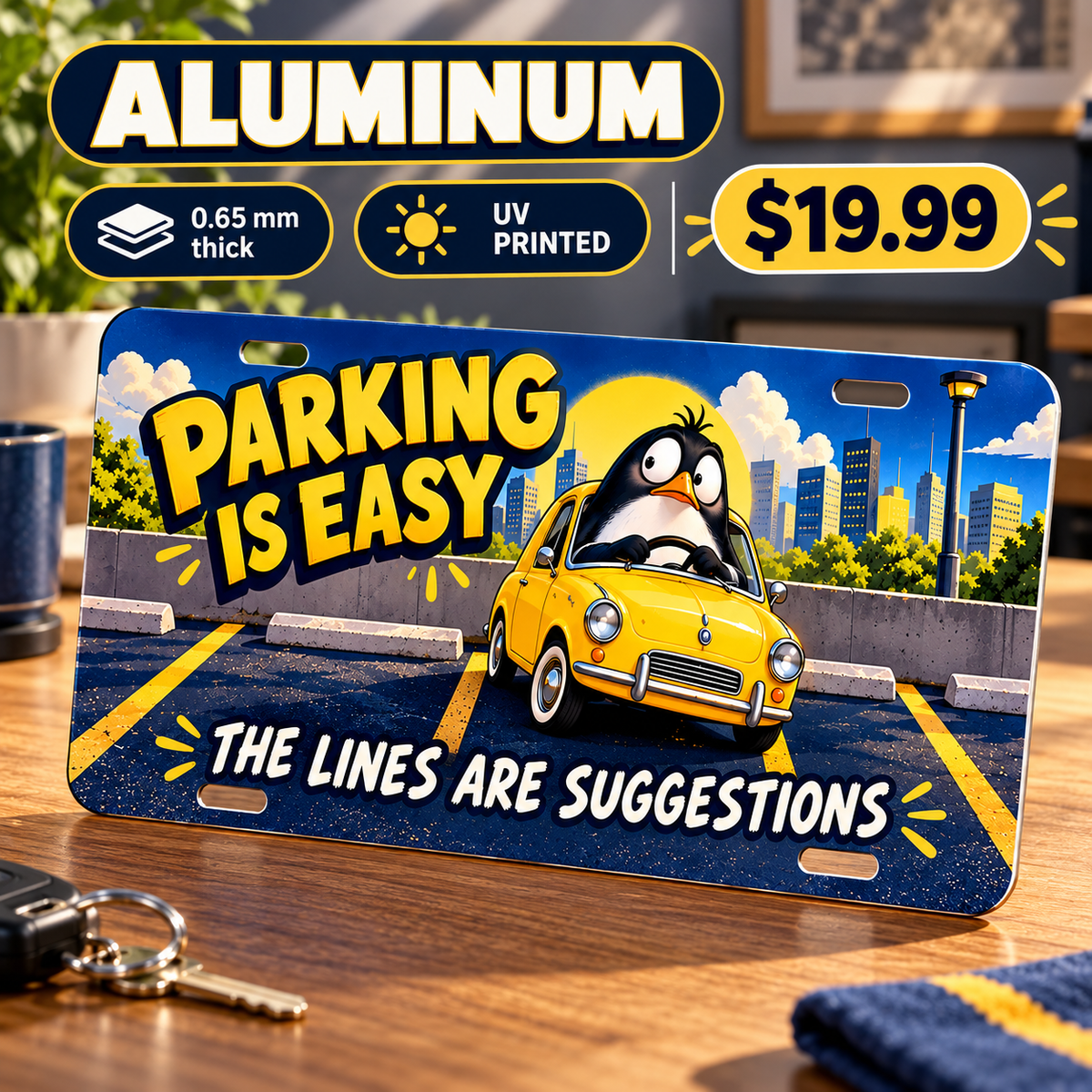 Parking Plot Twist funny license plate — 0.65 mm full-color UV printed aluminum