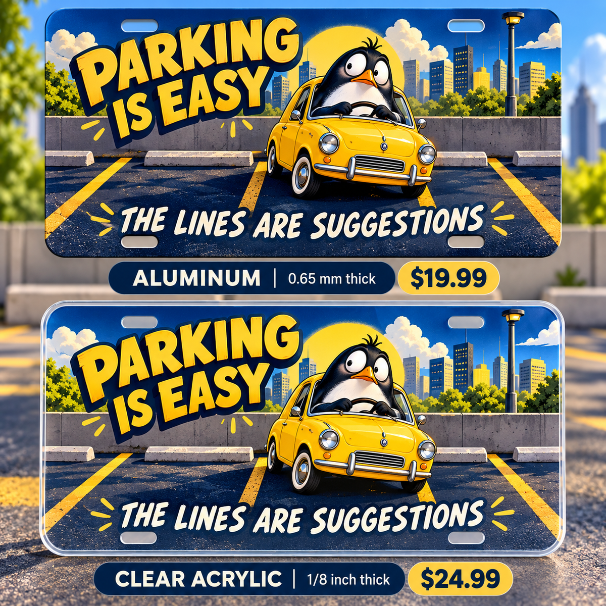 Parking Plot Twist funny license plate — aluminum and clear acrylic comparison with prices