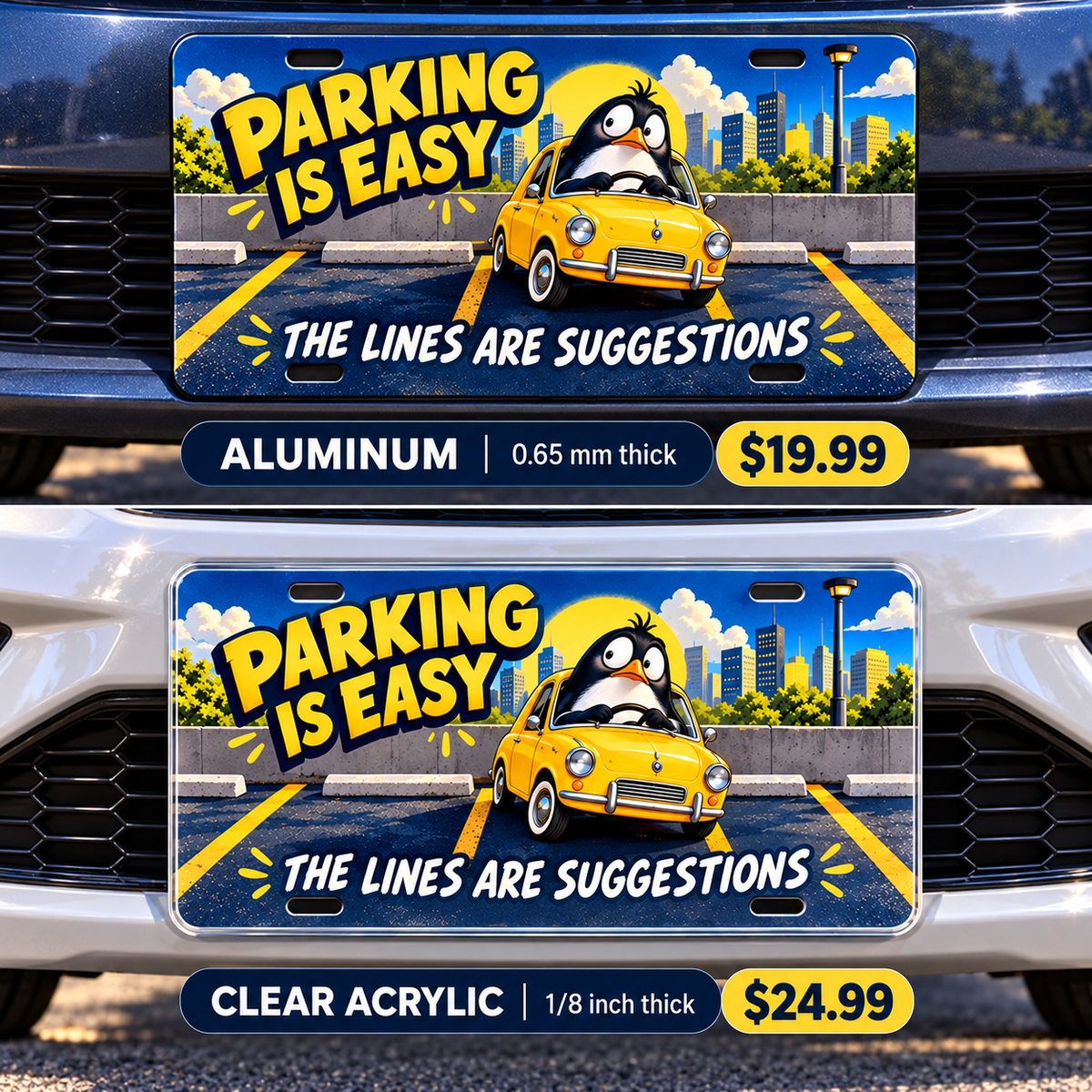 Parking Plot Twist funny license plate — aluminum and acrylic vehicle mockups