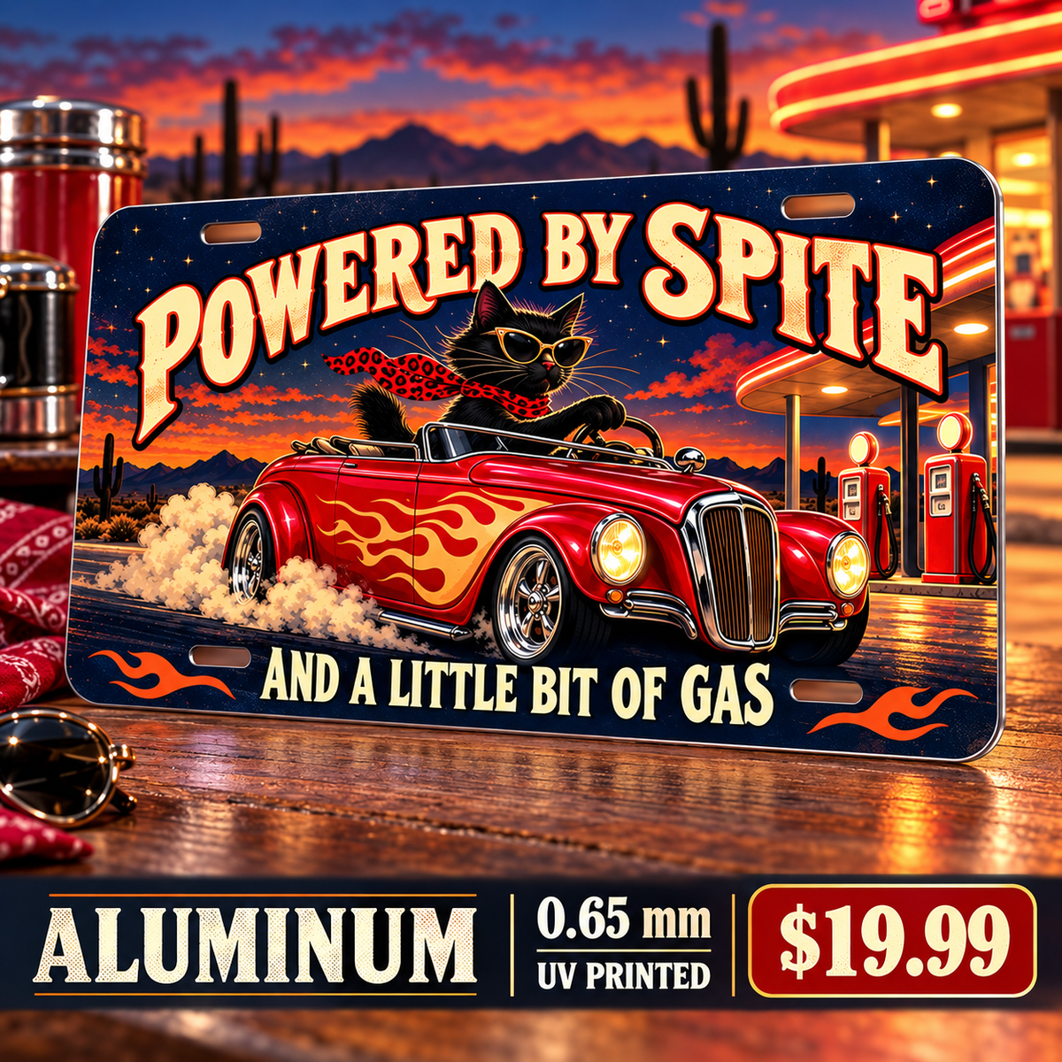 Powered by Spite funny license plate — 0.65 mm full-color UV printed aluminum