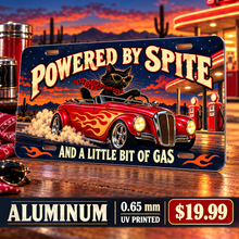 Powered by Spite funny license plate — 0.65 mm full-color UV printed aluminum