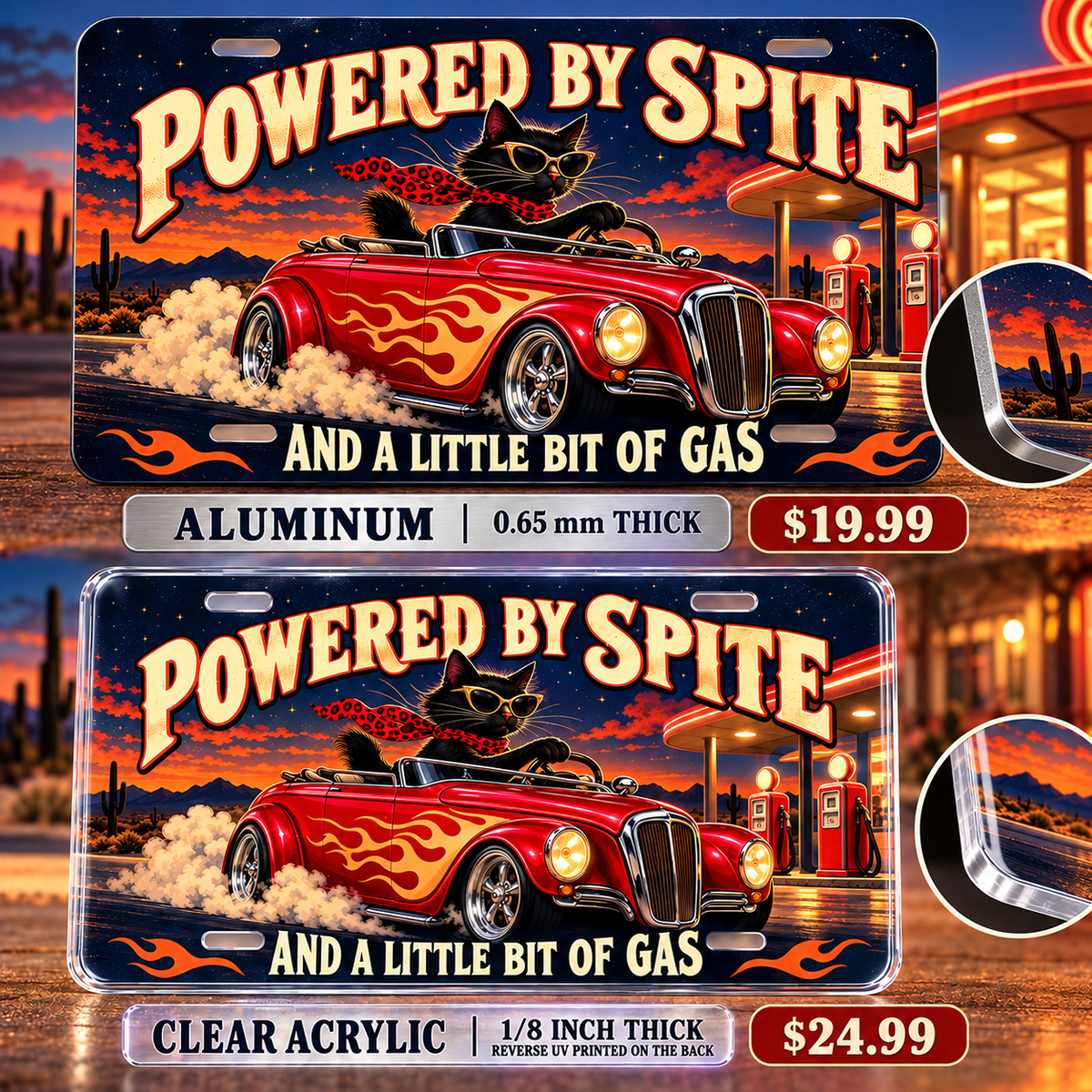 Powered by Spite funny license plate — aluminum and acrylic thickness and reverse print detail